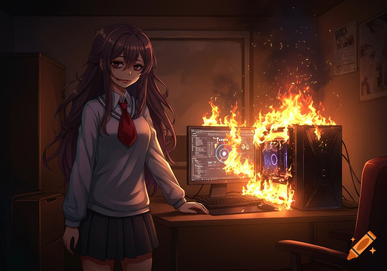 Anime girl with scarred face and dead expression stands next to burning computer in a room.