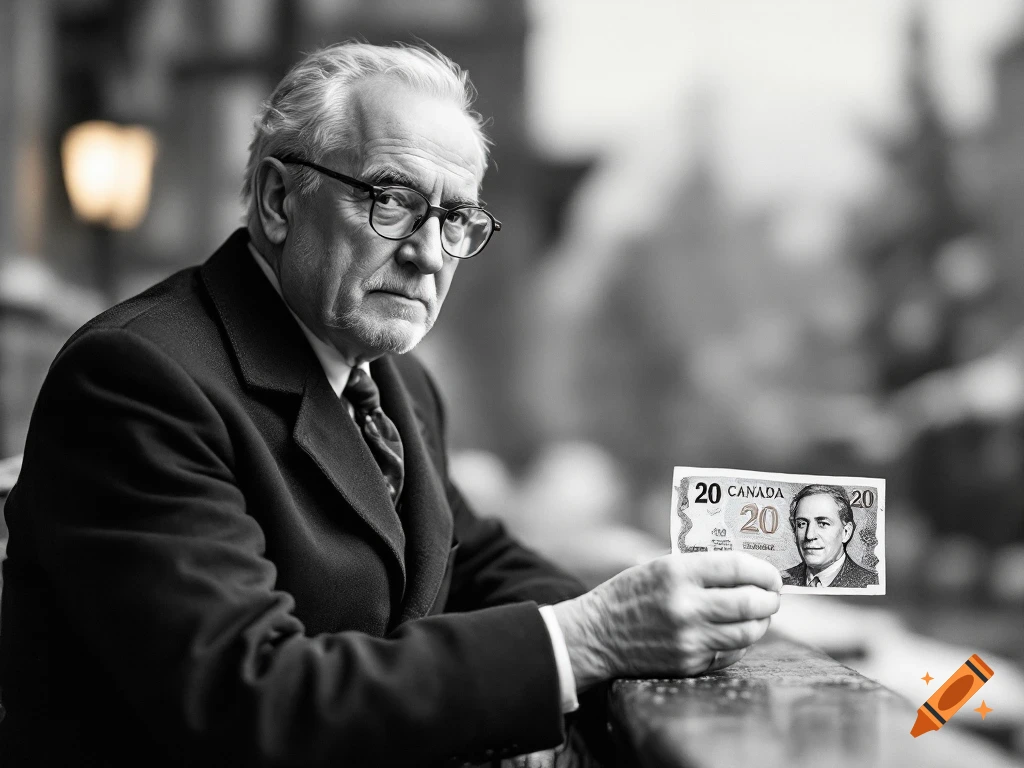 Black and white portrait of an old man in a suit holding up a Canadian 20 dollar bill.