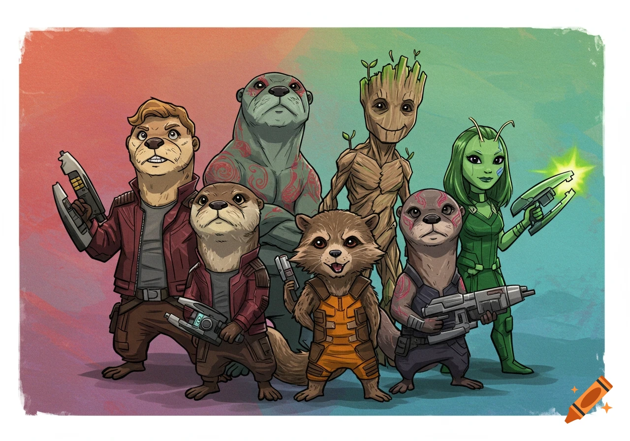 Cartoon illustration of the Guardians of the Galaxy reimagined as otters, Rocket Raccoon, Groot, and Mantis, holding weapons.