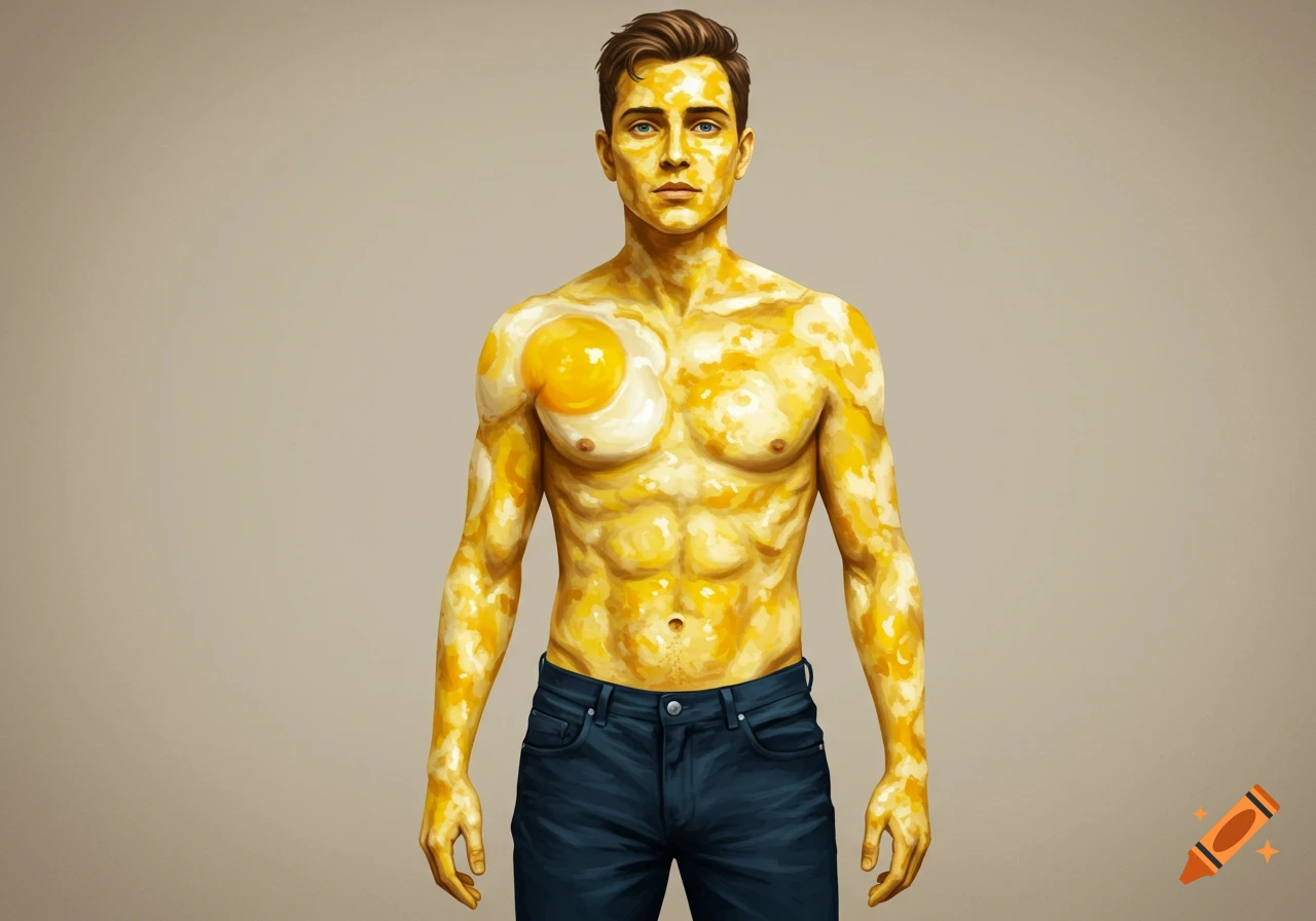 A man stands with his skin appearing to be made of scrambled eggs, wearing blue jeans.