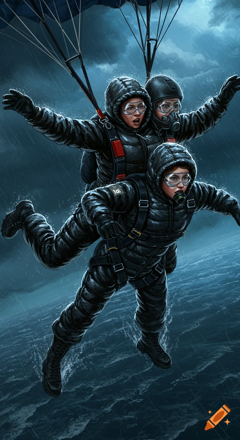 People tandem skydiving over a stormy ocean in heavy rain