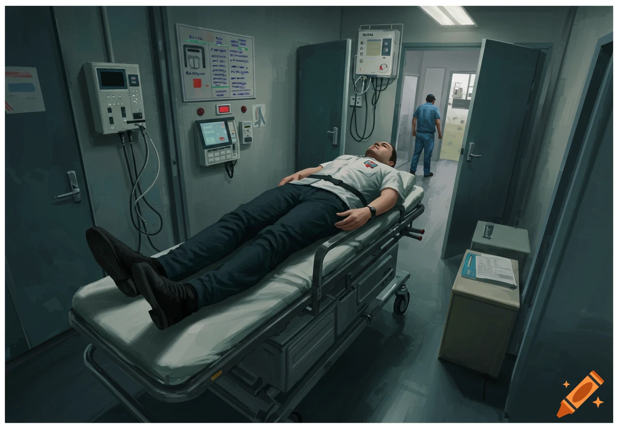 A man lies on a stretcher in a hospital hallway, viewed from the stretcher looking past his feet towards a figure in the background. Digital painting.