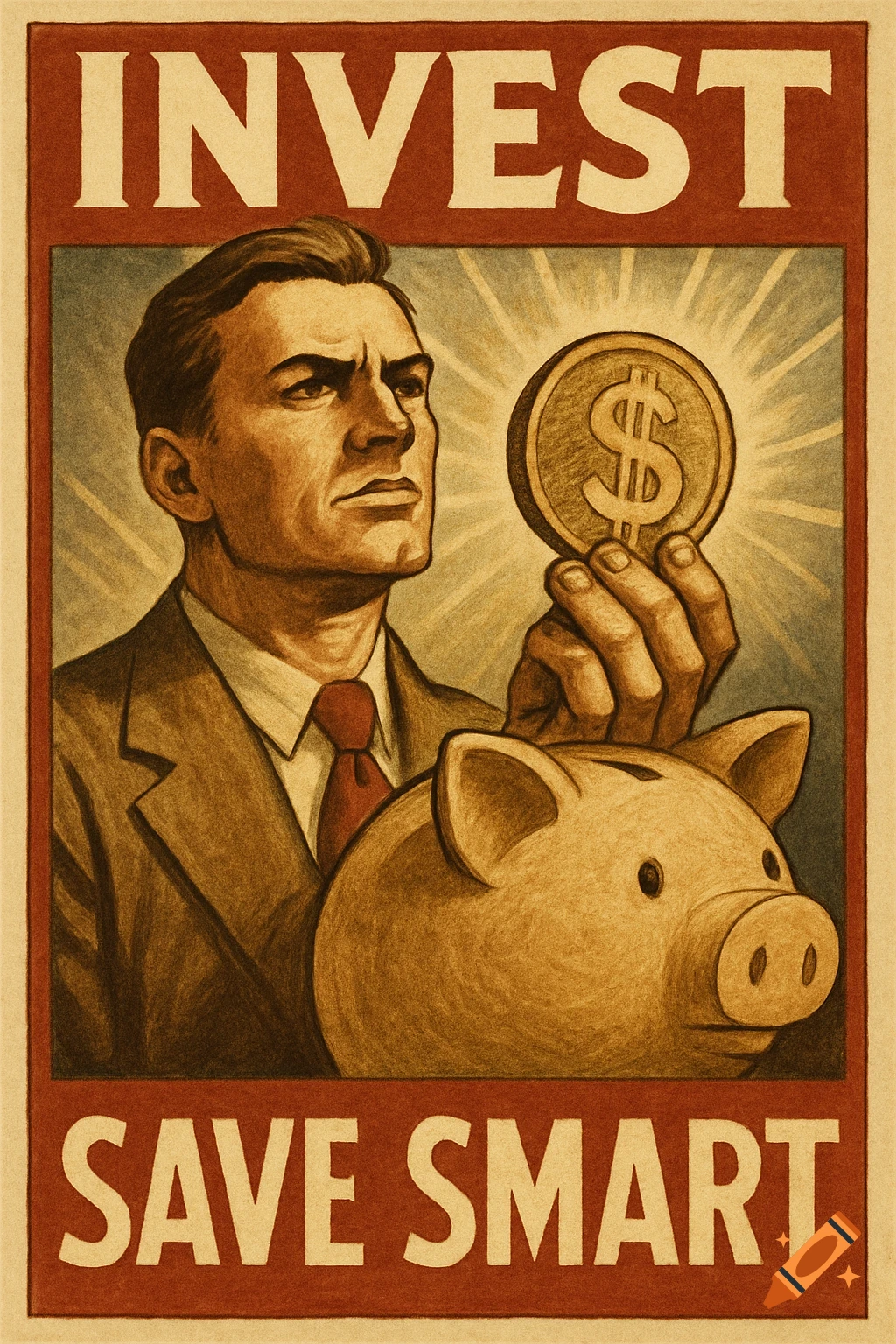 Vintage propaganda poster shows a man holding a large dollar coin above a piggy bank, with text INVEST and SAVE SMART.