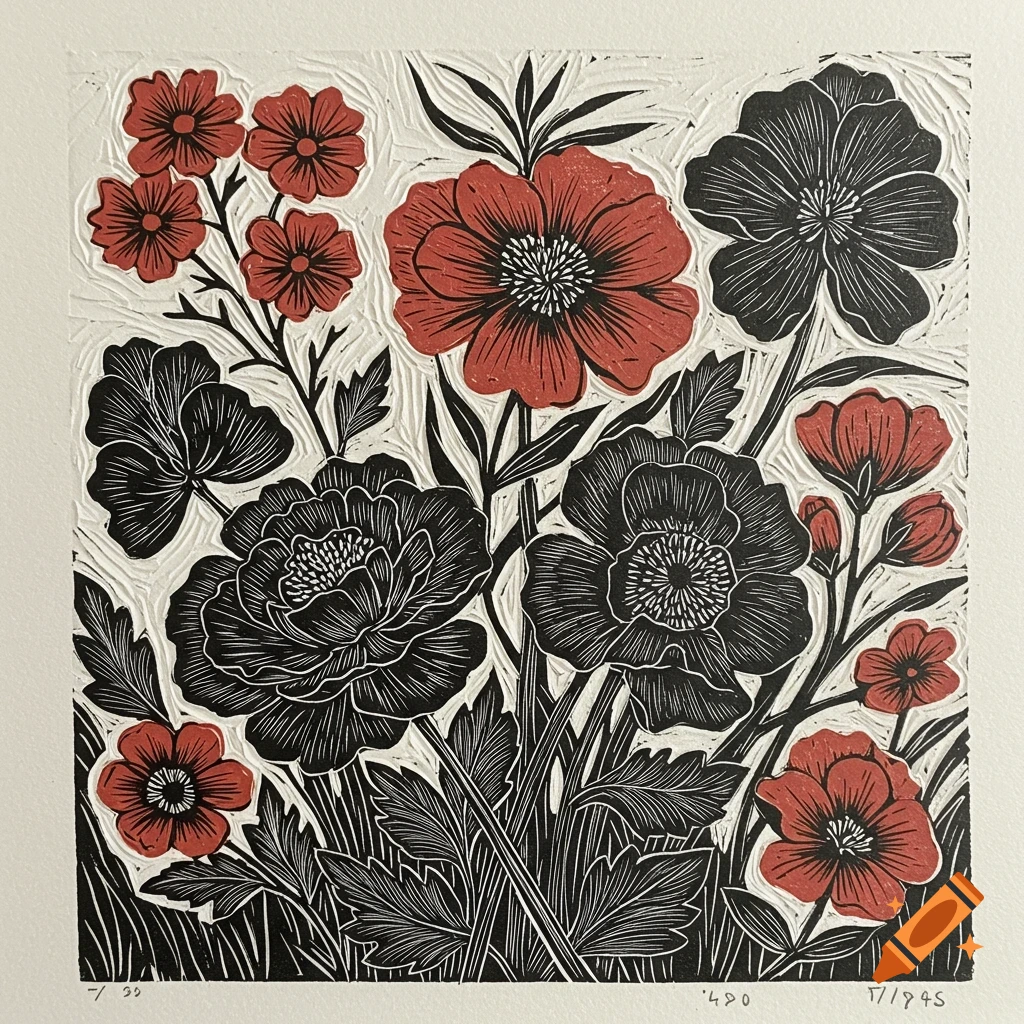 Linocut print of red and black flowers