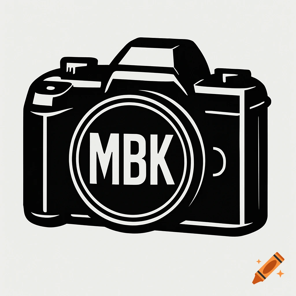 A black and white vector art logo of a camera with the letters MBK on the lens.