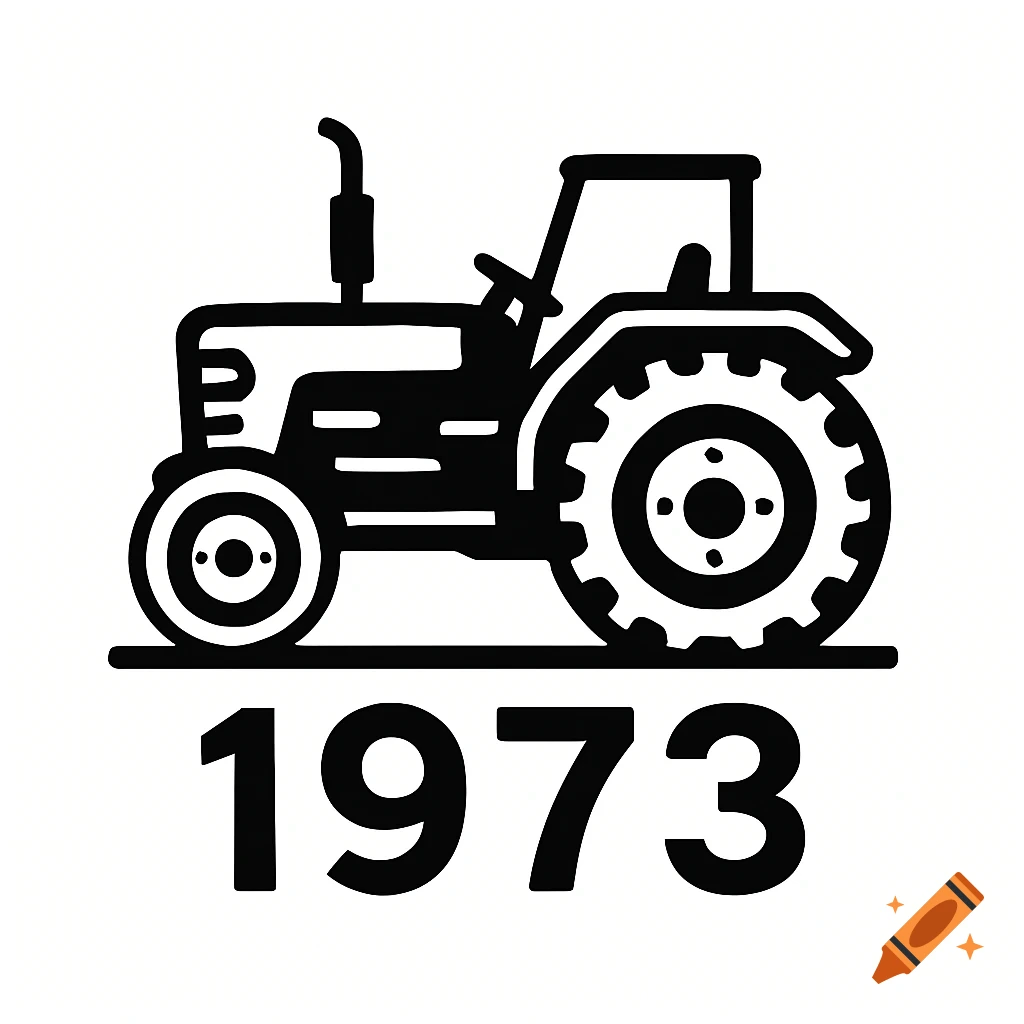 Black and white illustration of a tractor with the numbers 1973 underneath.