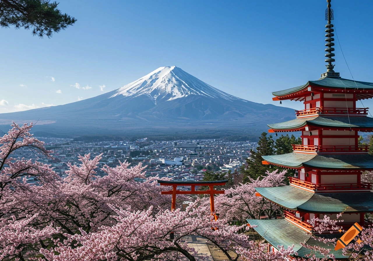 Mount Fuji behind a pagoda and cherry blossoms in Japan