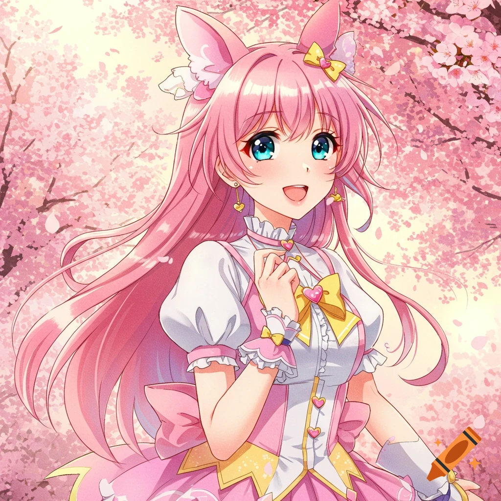 Anime girl with pink hair and animal ears smiling in a pink dress among cherry blossoms.