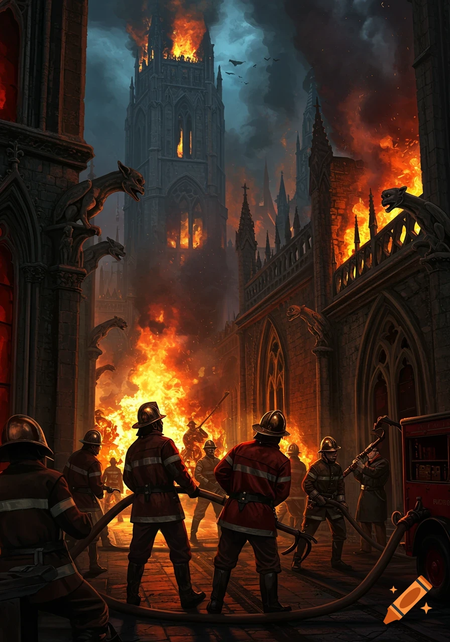 Firefighters battle a massive fire consuming a gothic cathedral at night.