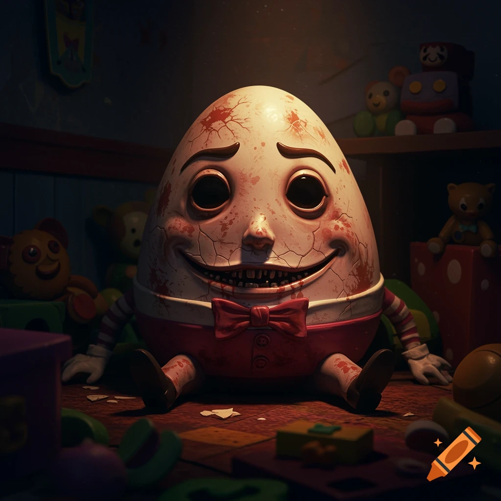 Creepy Humpty Dumpty in a dark room filled with toys.