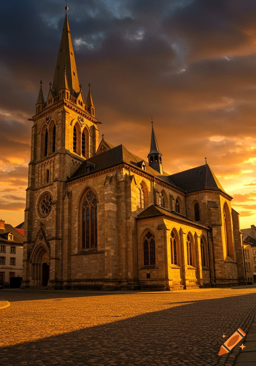 A large stone church bathed in dramatic golden light during sunset.