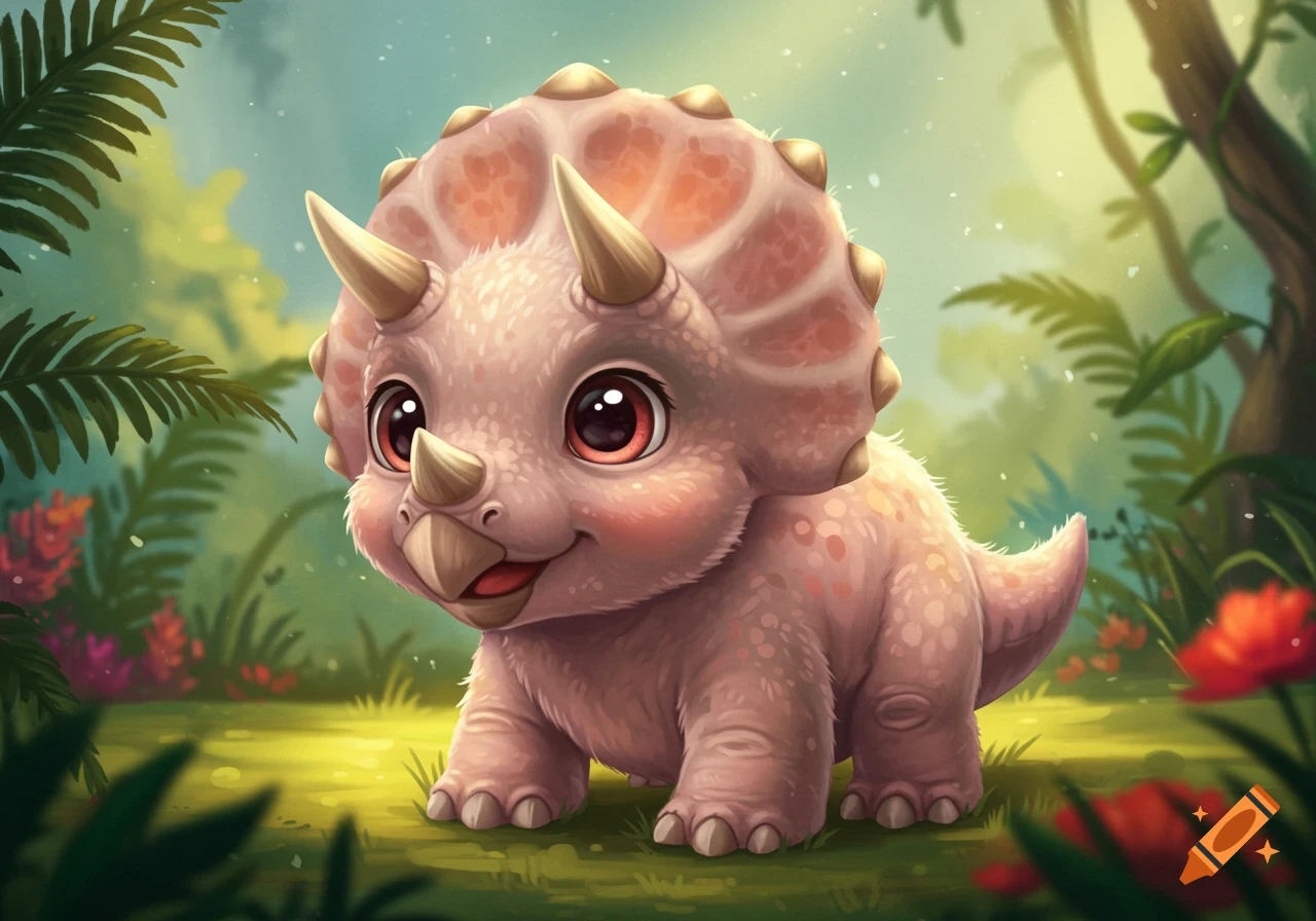 Cute baby triceratops in a lush jungle setting.