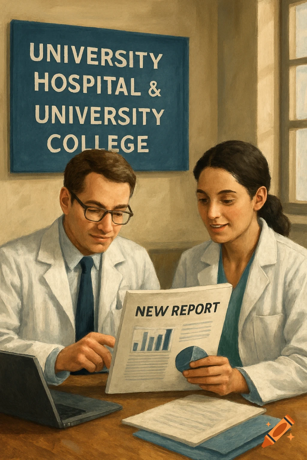 Two researchers in lab coats look at a report with charts in a painterly style.