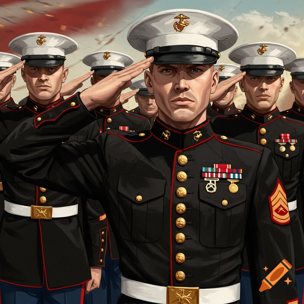A group of U.S. Marines in dress blue uniforms render a salute.