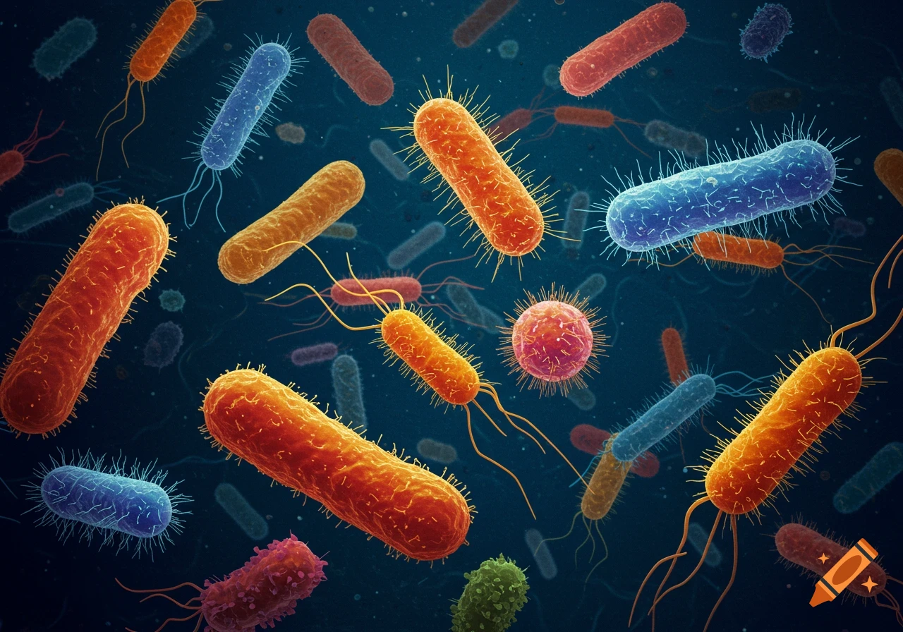 Microscopic view of colorful bacteria.