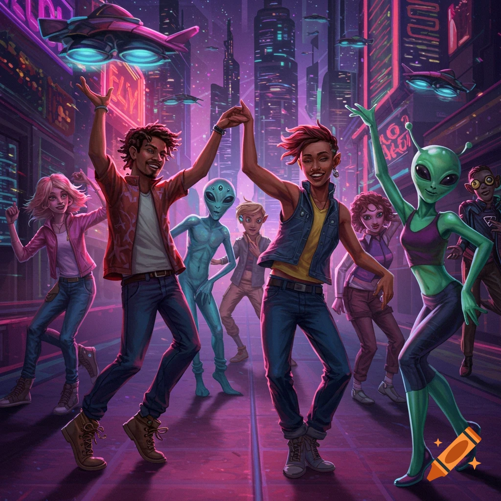 Humans and aliens dancing in a futuristic city at night with neon lights and flying vehicles.