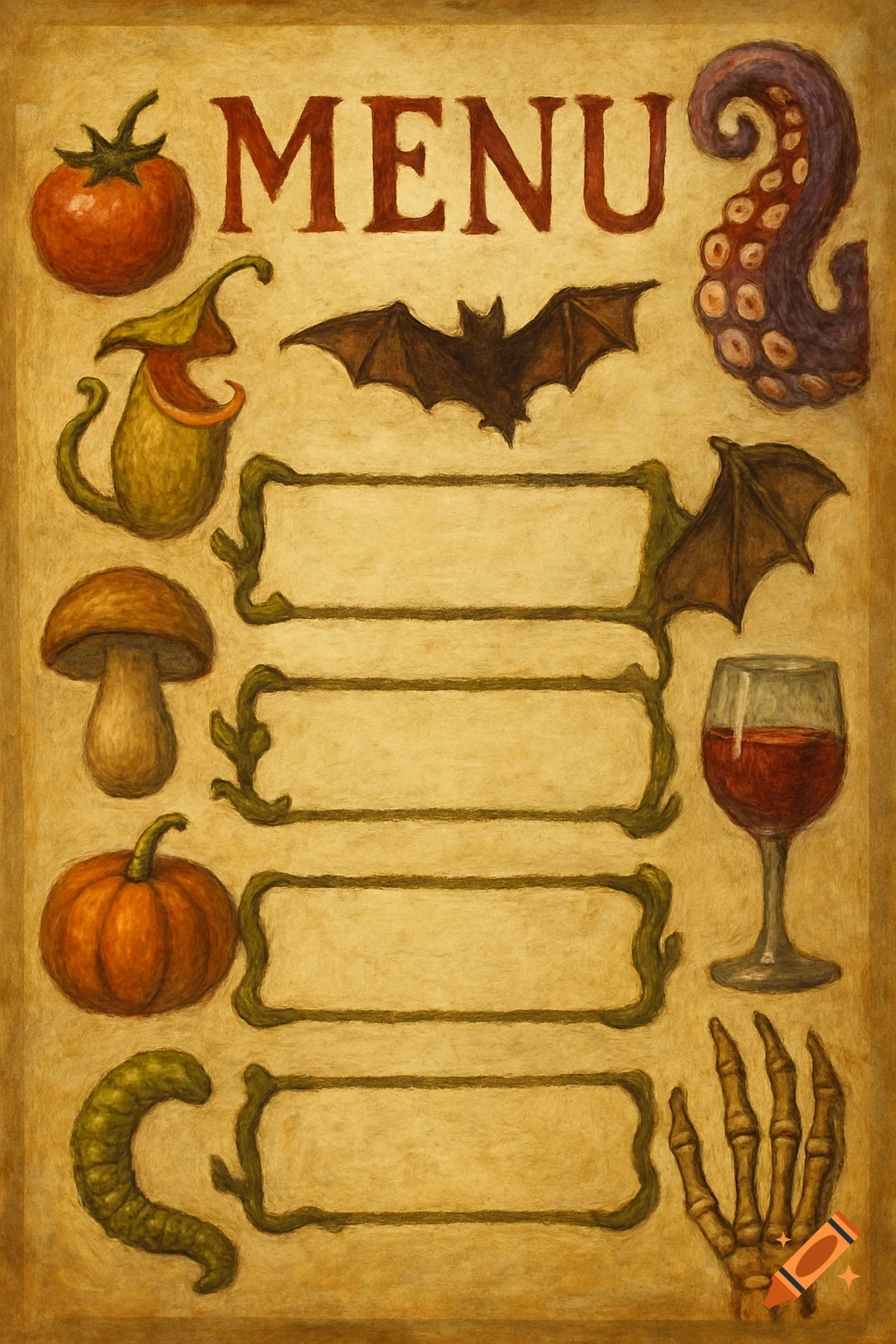 Illustrated menu template with spooky and natural items around the edge, such as a bat, skeleton hand, and tentacles