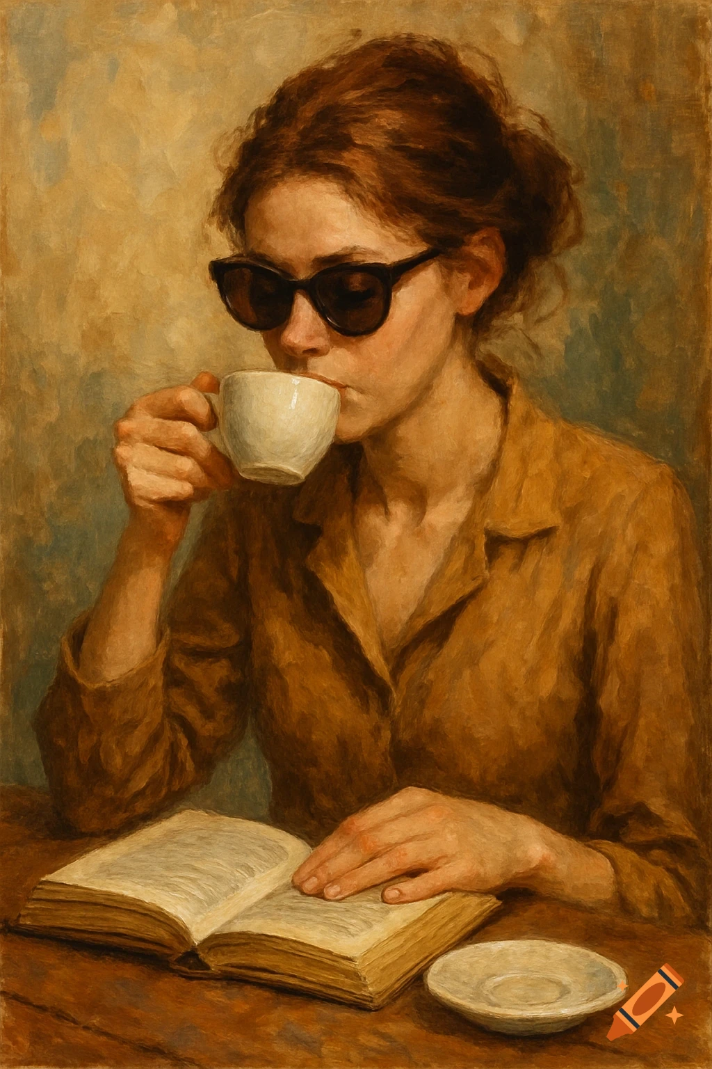 Painterly portrait of a woman in sunglasses drinking coffee and reading a book.