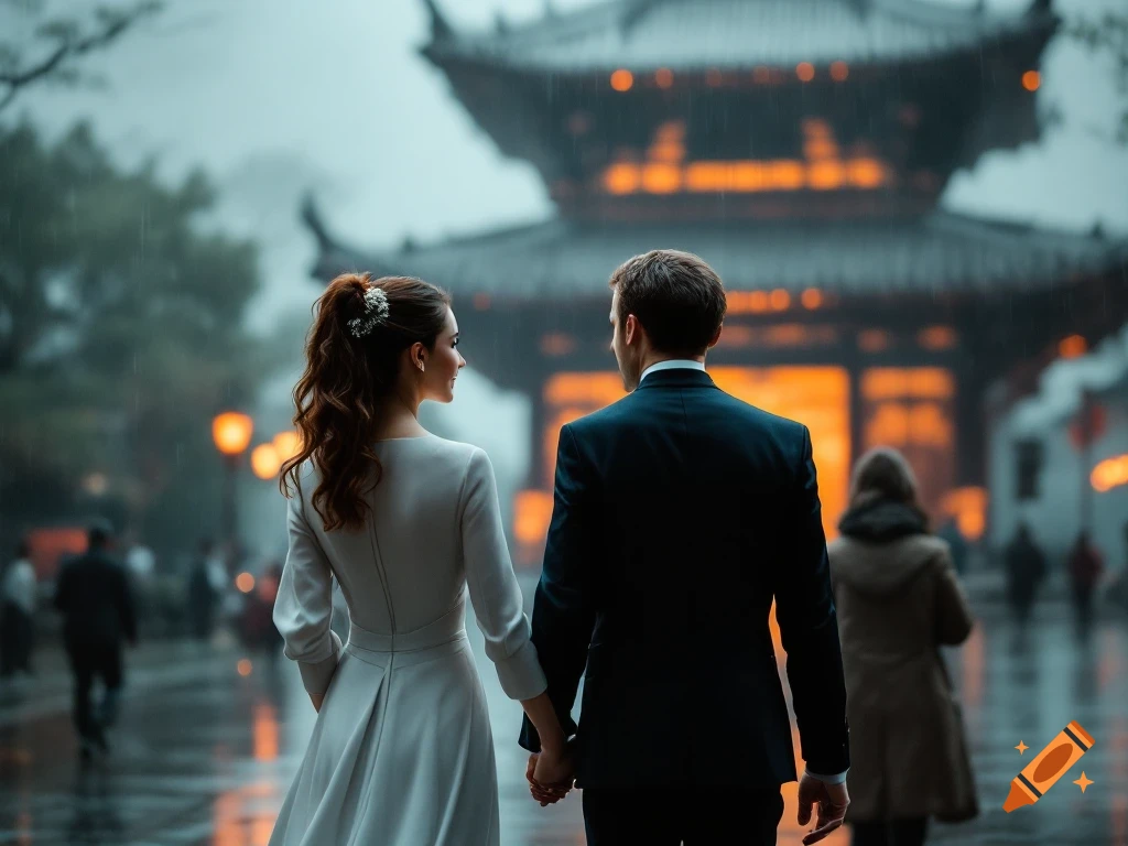 Couple holding hands in the rain in front of a pagoda.
