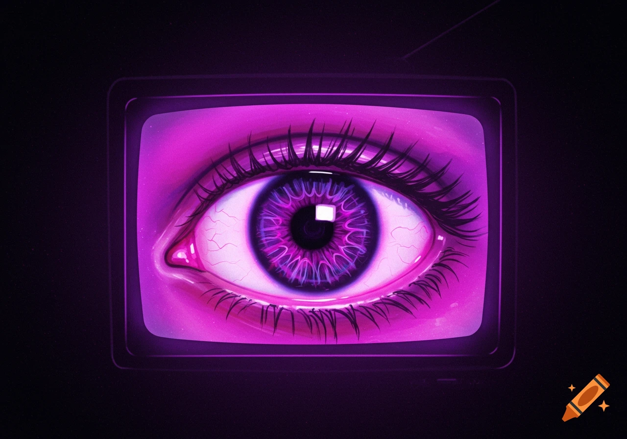 Stylized purple eye displayed on a glowing vintage television screen.