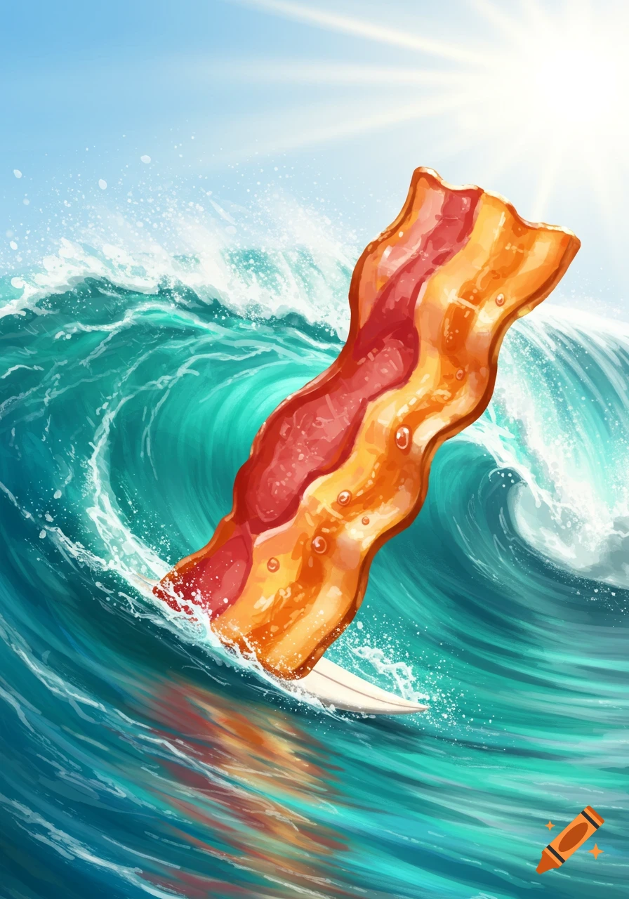 A slice of bacon surfs a large blue ocean wave under a bright sun in a digital illustration.