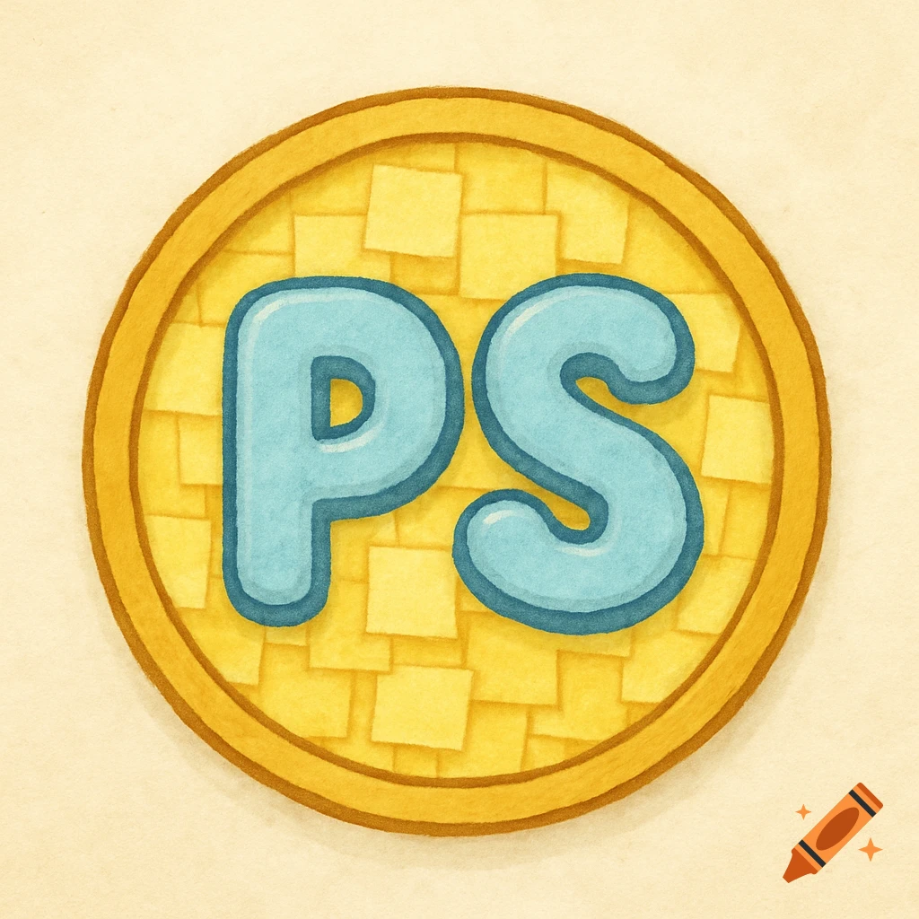 Illustration of a circular badge with blue bubble letters 'PS' on a yellow sticky note background.