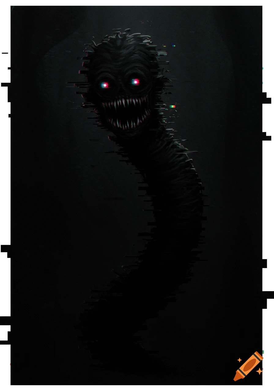 A dark, creepy monster with glowing red eyes, sharp teeth, and ...