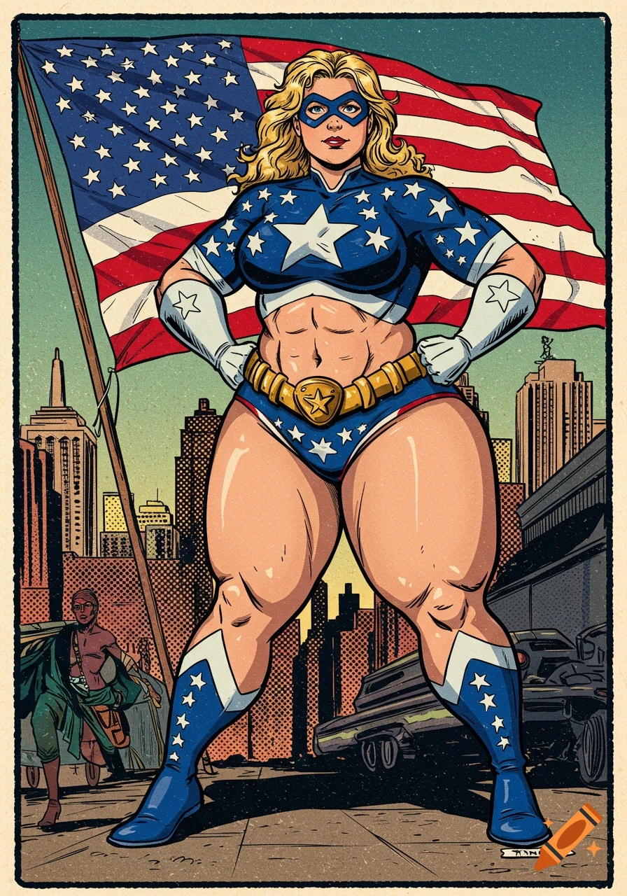 Comic art of a muscular female superhero in a red, white, and blue costume standing in a city with a large US flag behind her.