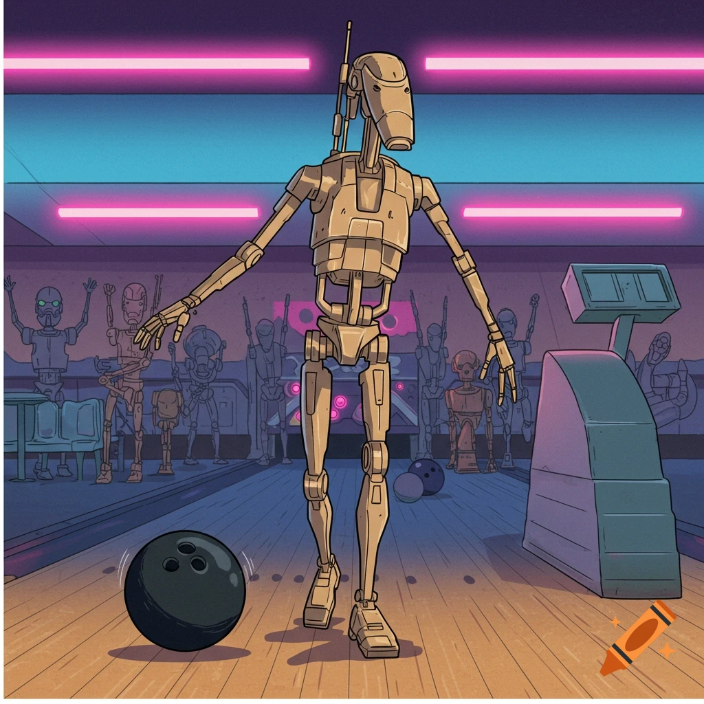A Battle Droid bowling in a neon-lit bowling alley with other droids watching.