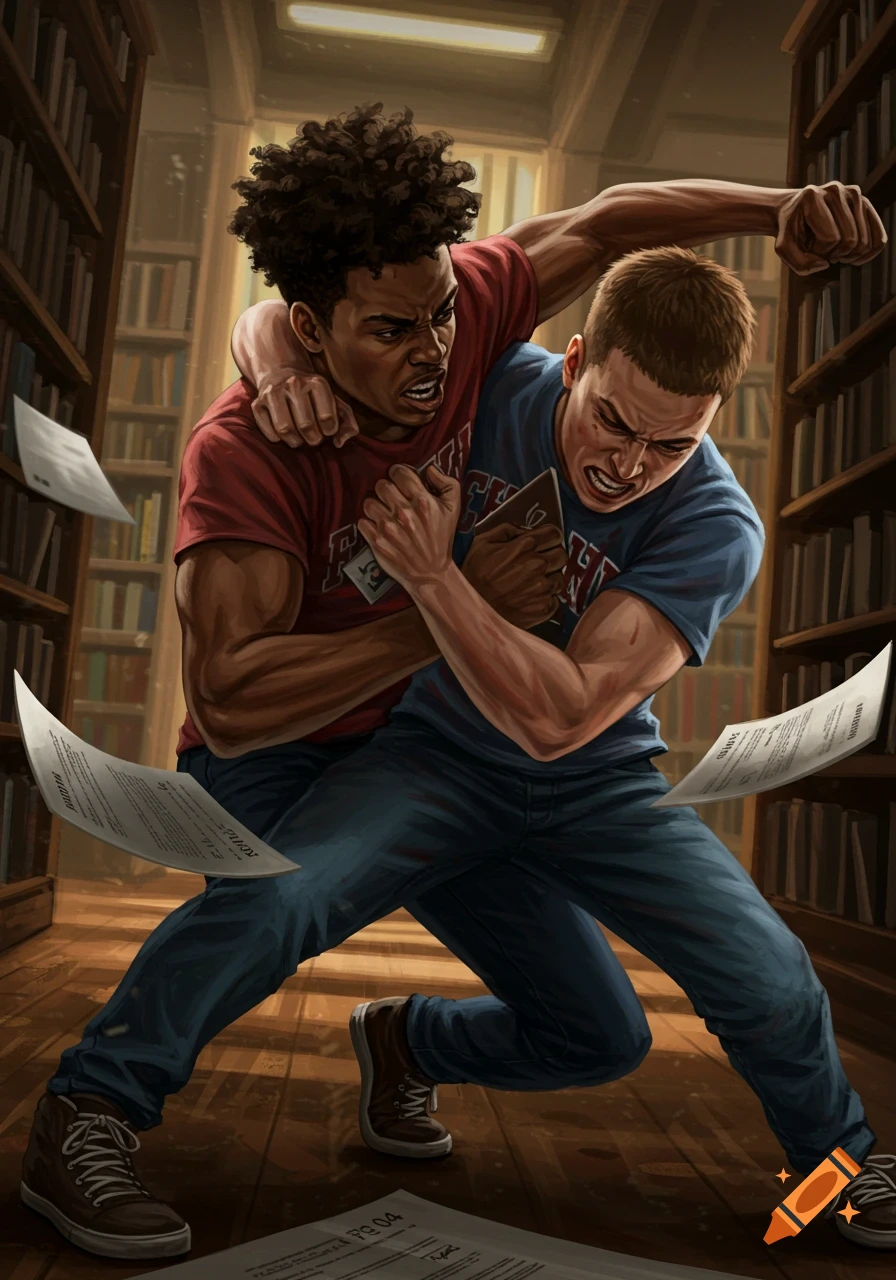 Two men fight intensely in a library with papers flying, illustration style.