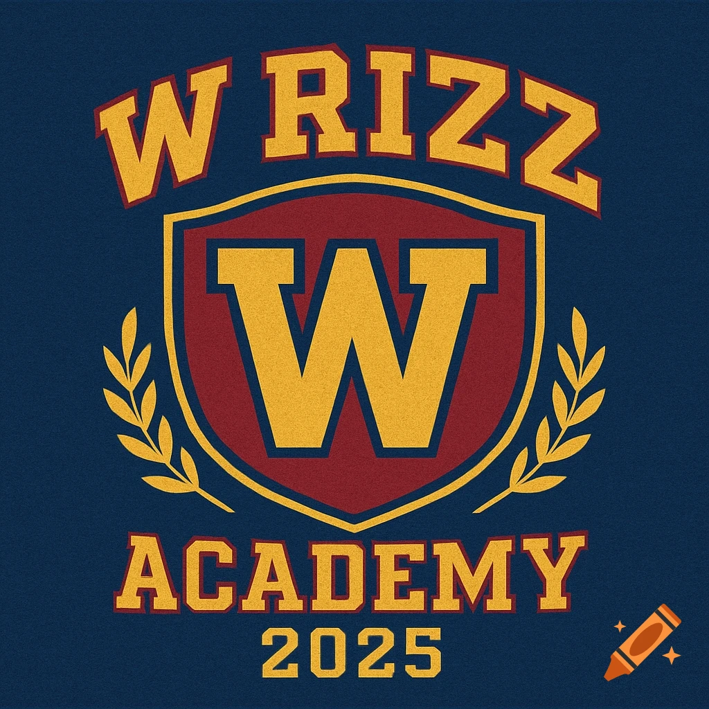 College-style logo with shield, laurel branches, and text 'W RIZZ ACADEMY 2025' on blue background.