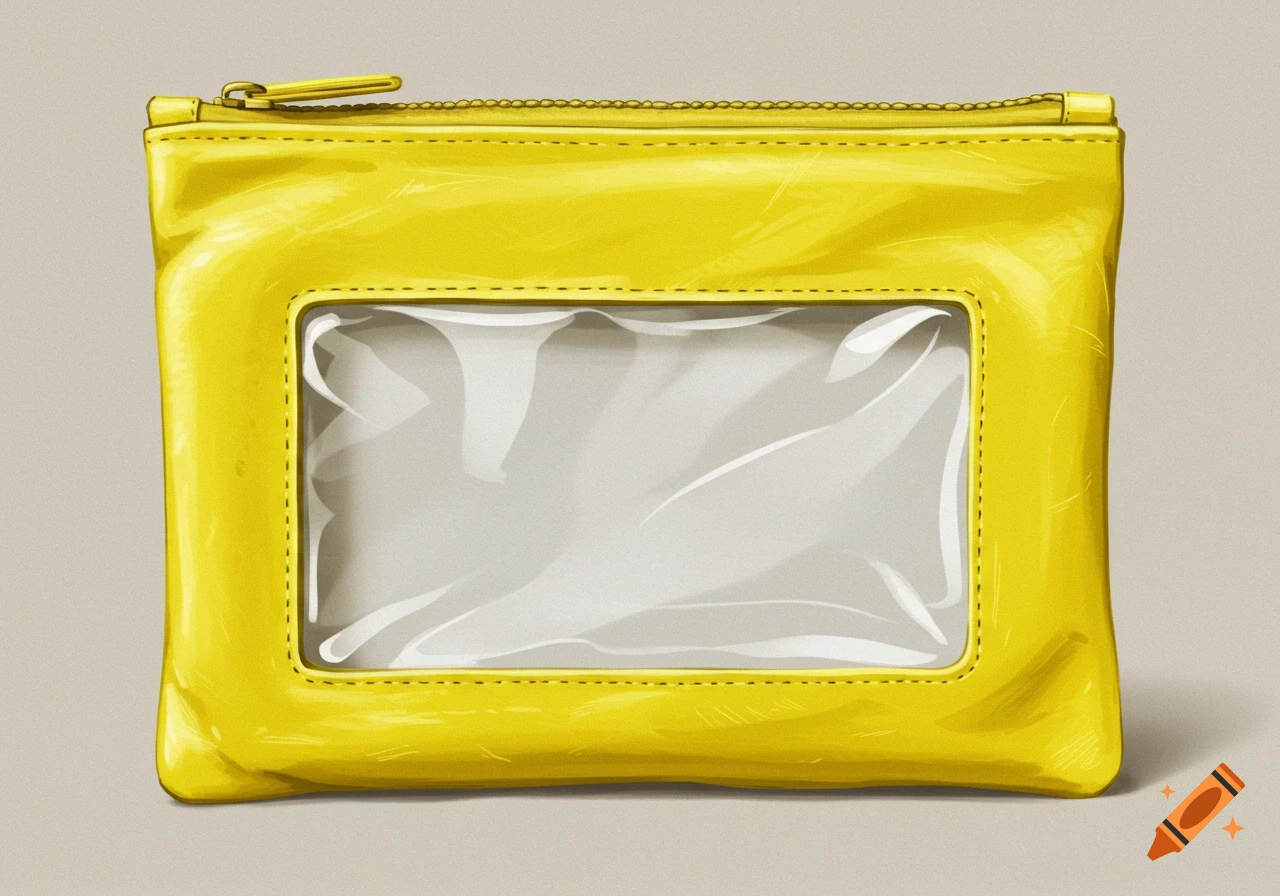A yellow pouch with a clear window on a light background.