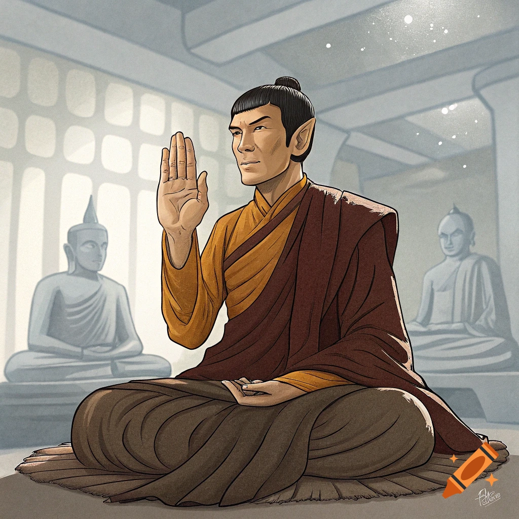 Illustration of Spock in Buddhist robes giving the Vulcan salute while meditating in a temple