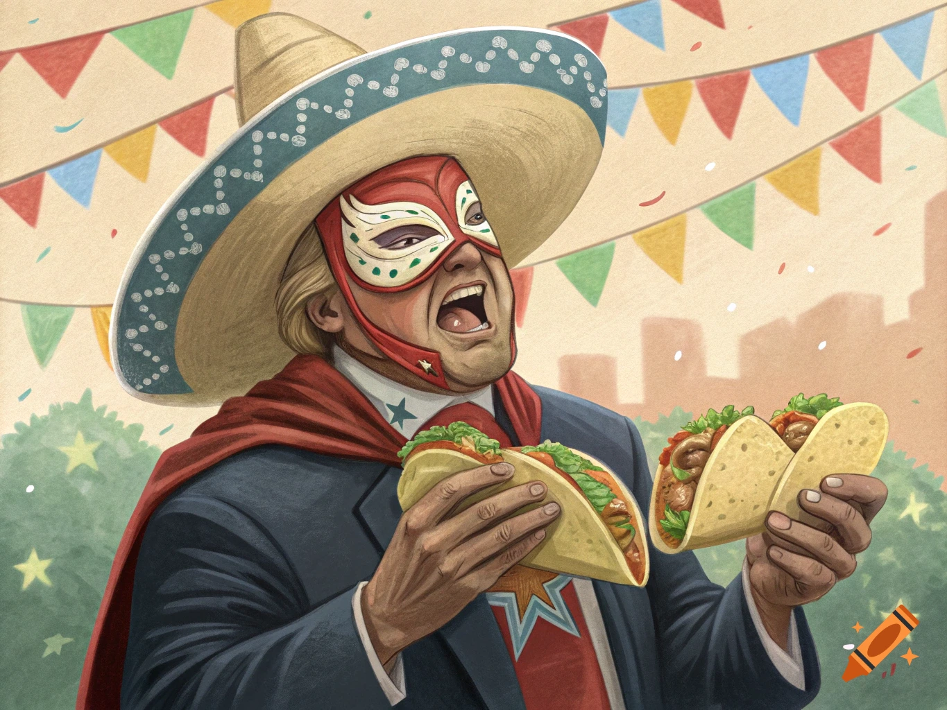 Illustration of Donald Trump in Nacho Libre costume eating tacos at a party
