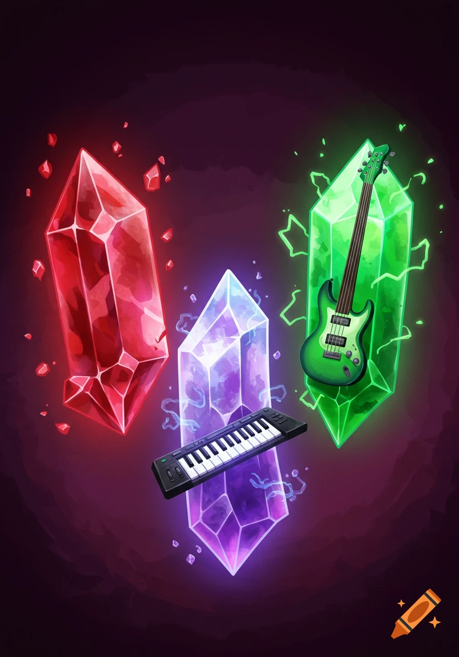 Glowing red, purple, and green crystals with a keyboard and a green electric guitar against a dark background in an illustrative style.