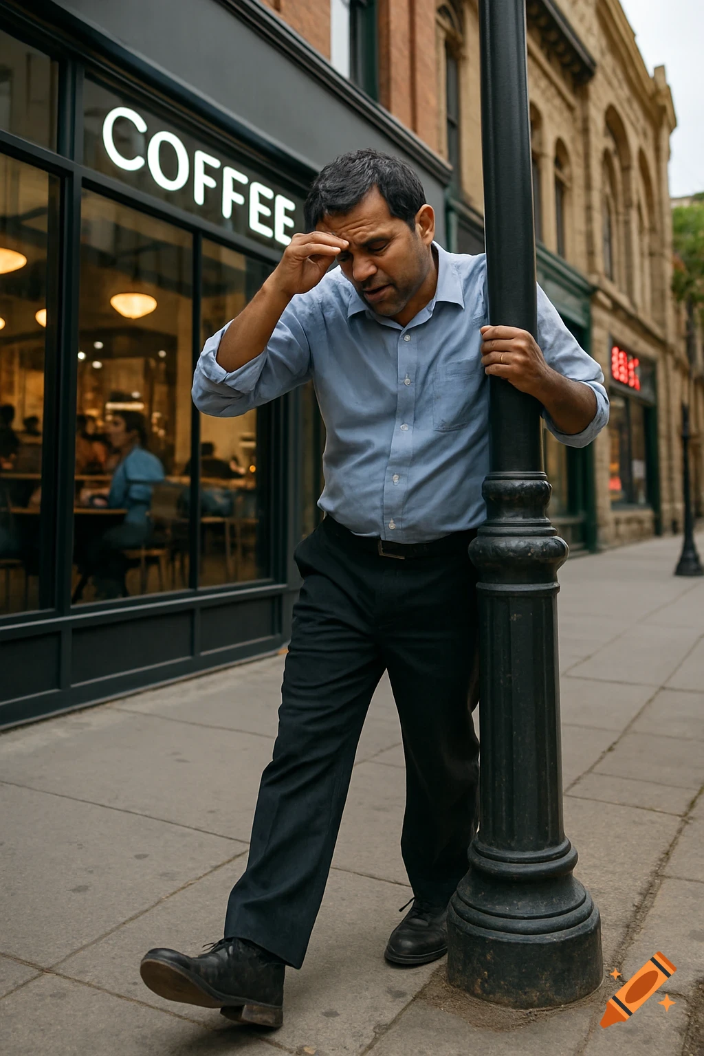 Tired man leans on lamppost on city street with coffee shop in background.