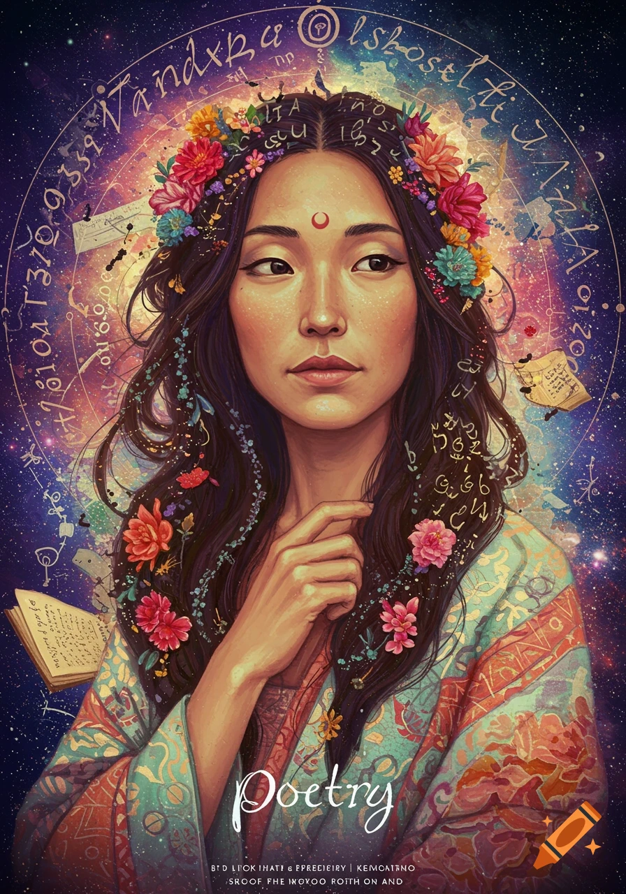 A portrait of a woman with a flower crown against a cosmic background with astrological symbols and text.