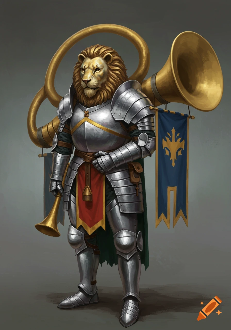 A lion-headed figure in silver armor stands holding a small trumpet, with a giant coiled trumpet mounted on its back.