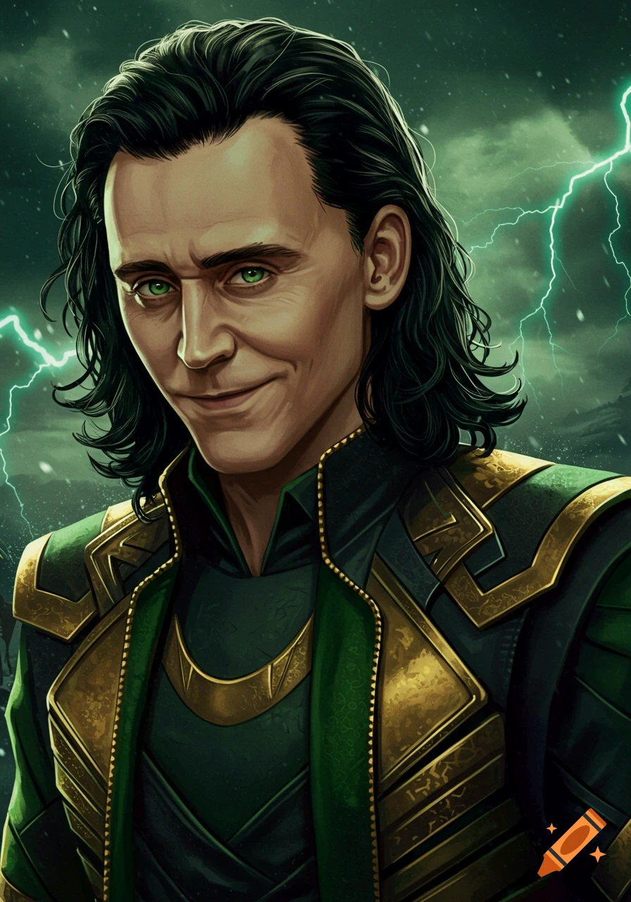 Portrait of Loki with green eyes, wearing his armor, with green lightning in the background.
