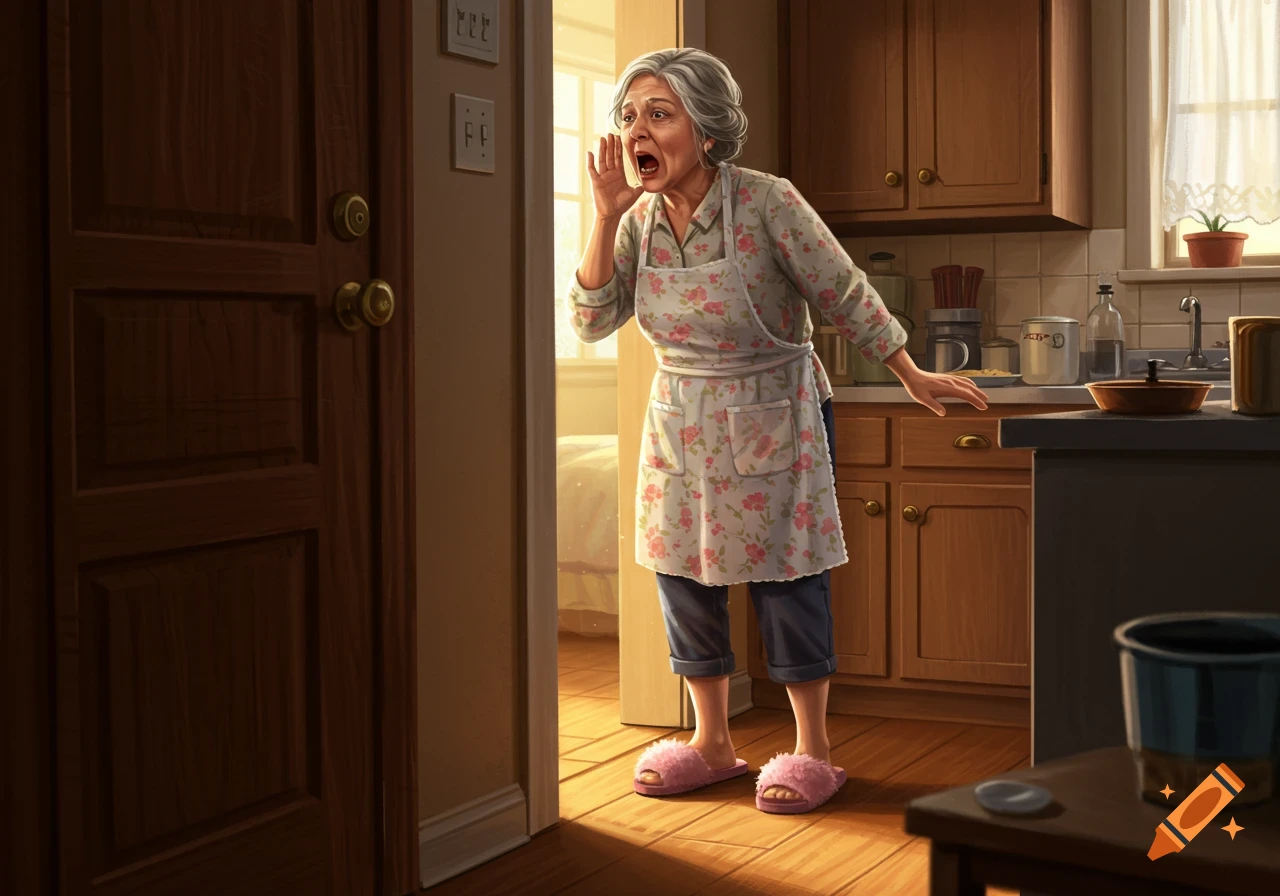 An elderly woman in an apron and slippers shouts from a kitchen doorway.