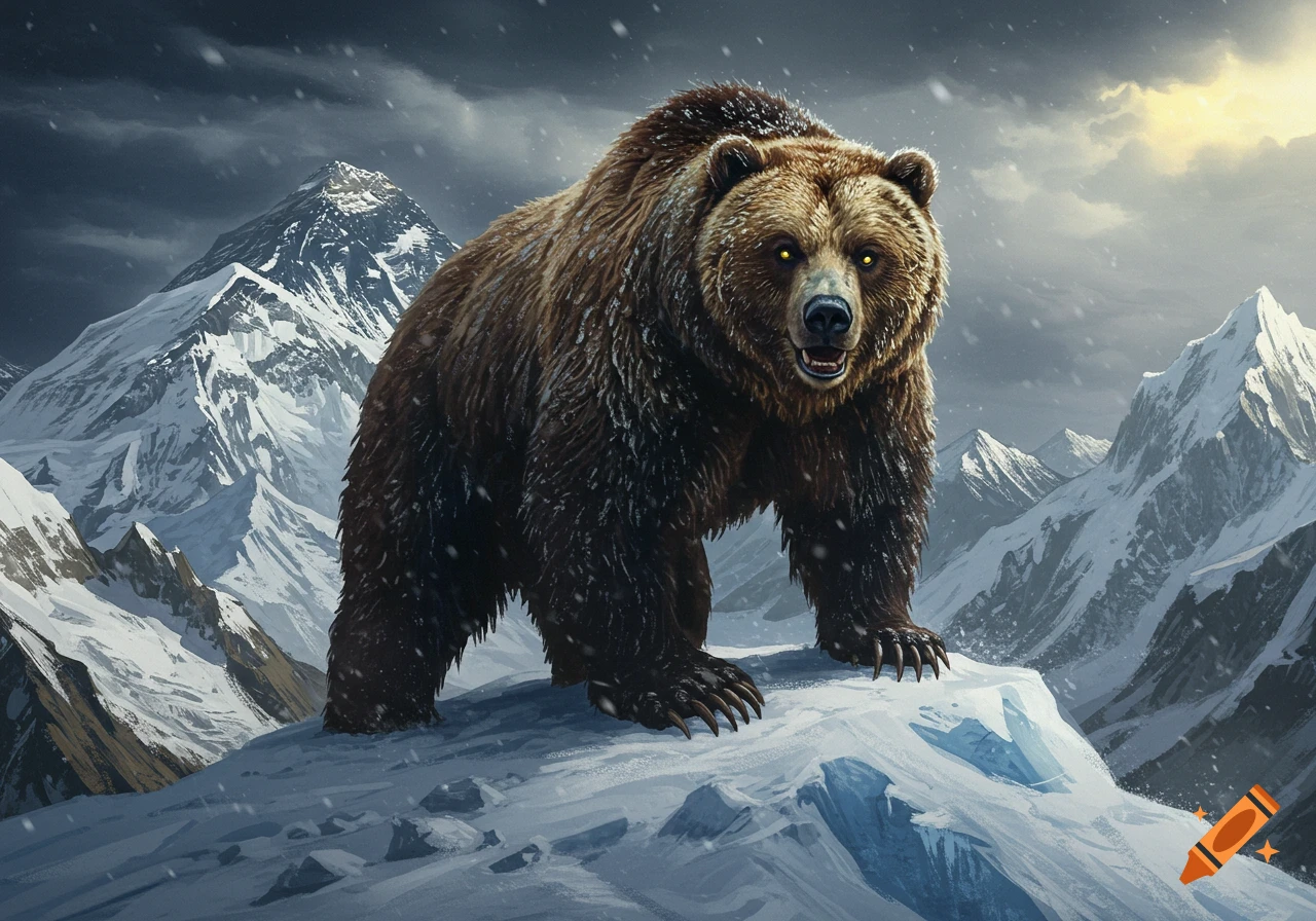 A large grizzly bear stands on a snowy mountain peak with snow falling, mountains behind it.