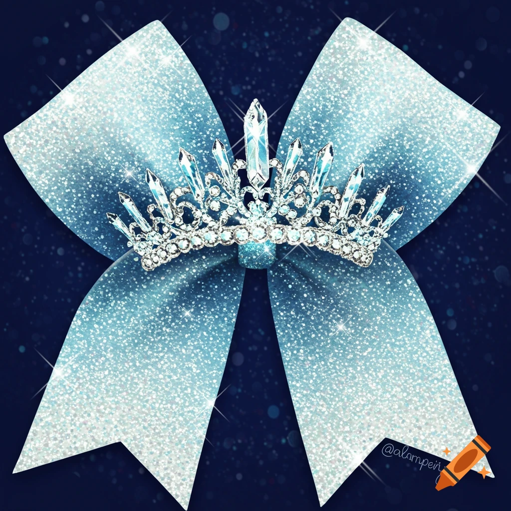 Sparkly light blue and white glitter ombré cheer bow with a diamond crown in the center.
