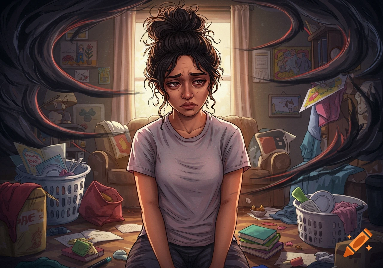 Illustration of a sad woman sitting on the floor of a messy room, dark swirling shapes around her.