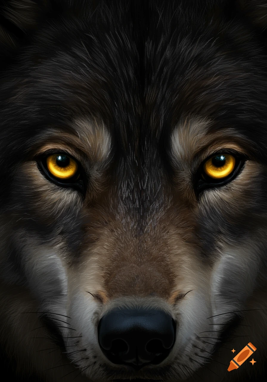 Close-up of a wolf's face with glowing yellow eyes.
