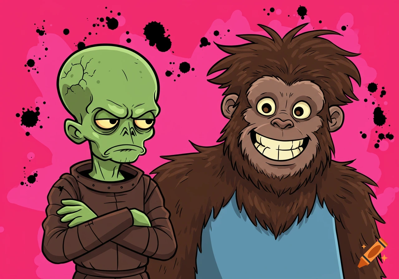 A cartoon alien looks grumpy beside a smiling Bigfoot against a pink background.
