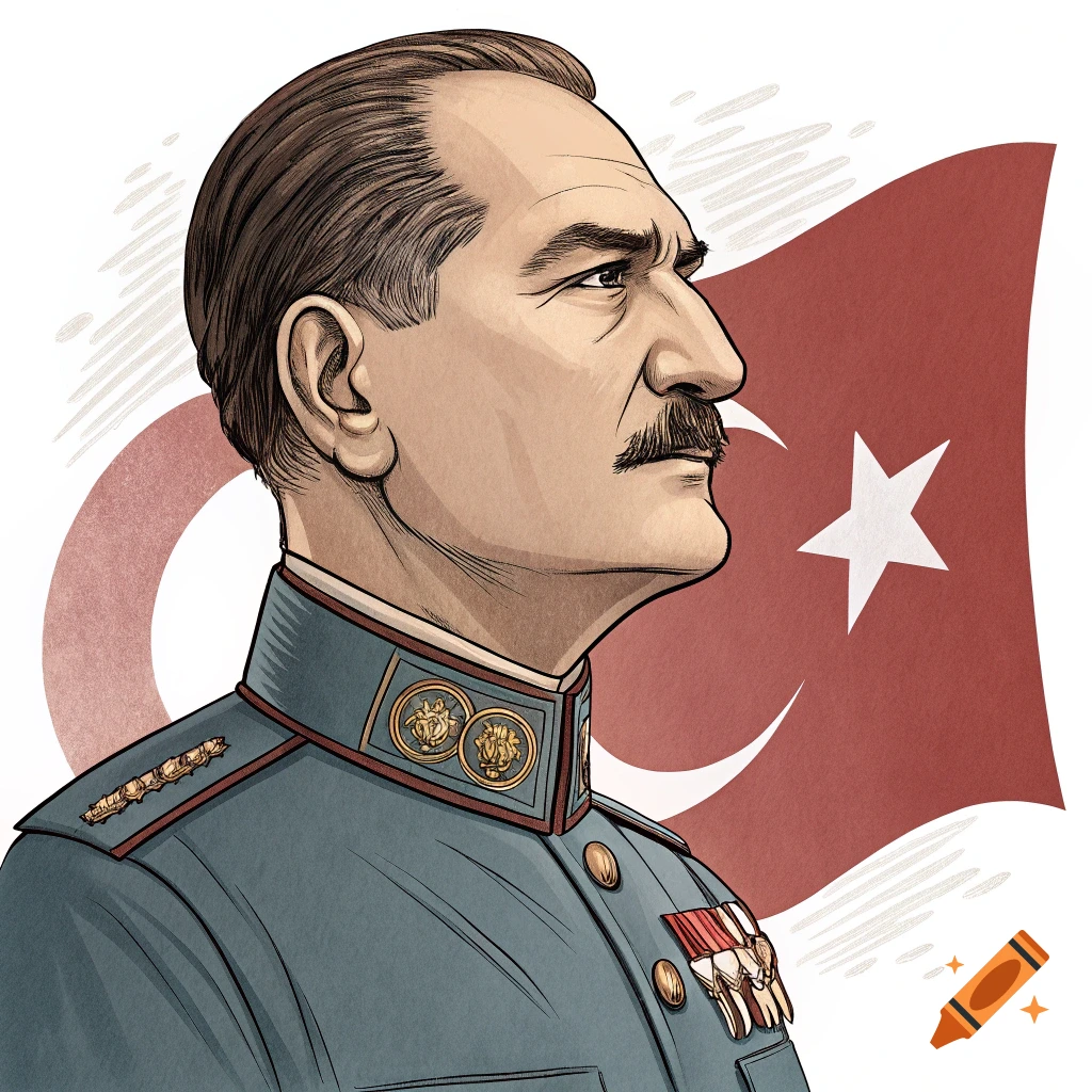Illustration of Ataturk in military uniform against a Turkish flag