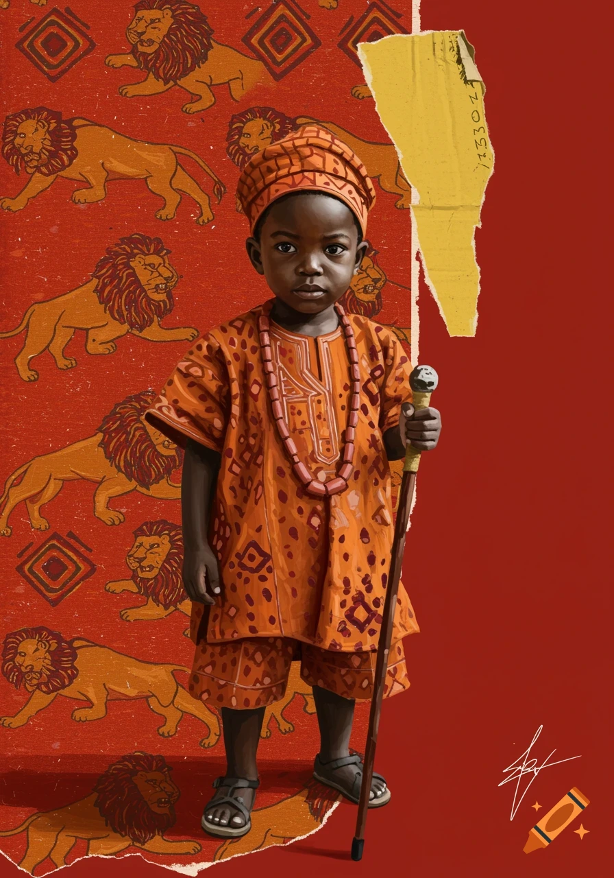 Illustration of a child in orange traditional African clothing, holding a cane, against a red background with lion patterns and yellow cardboard.