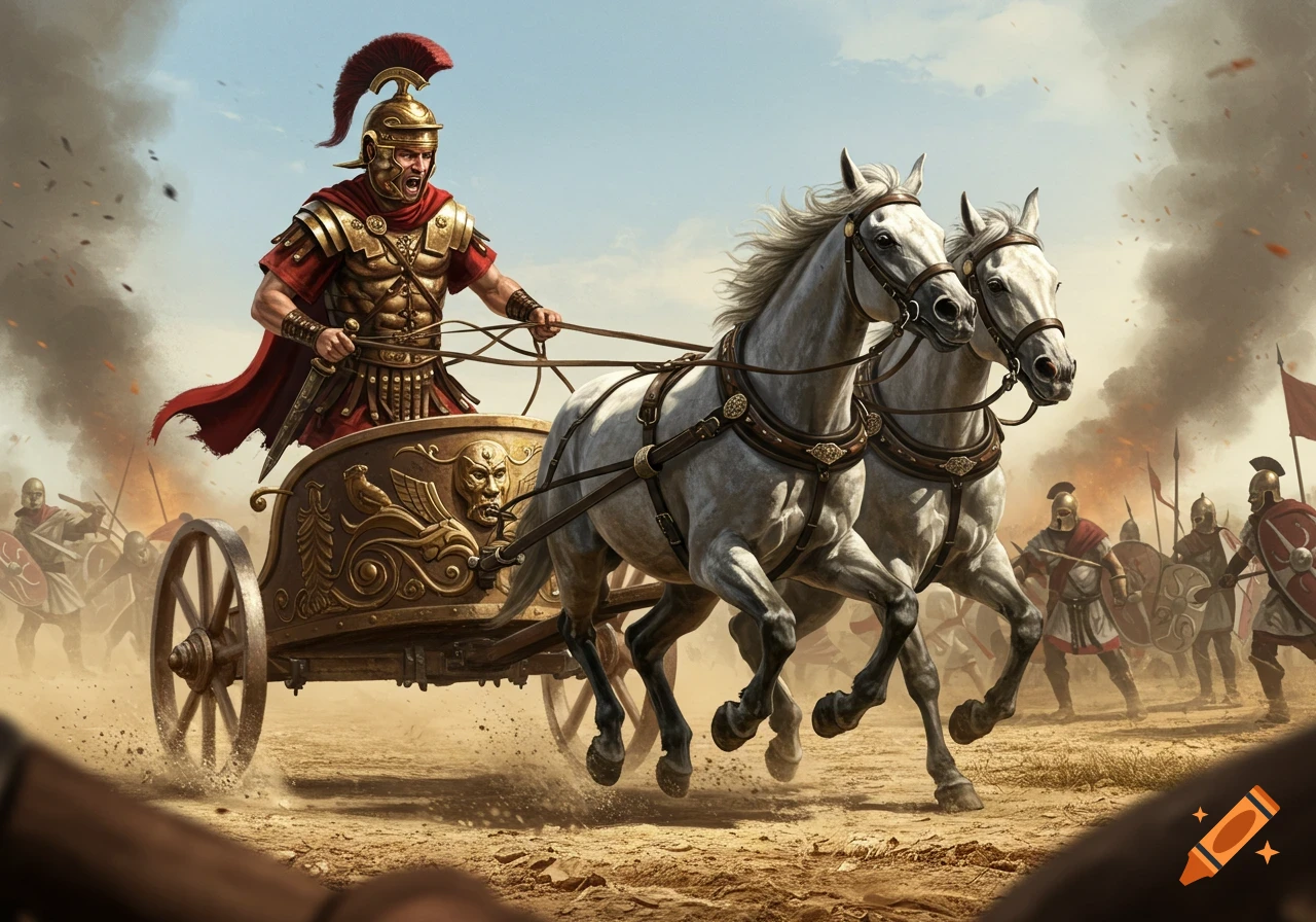 Roman soldier in a chariot rides through a dusty battlefield with horses and other soldiers.