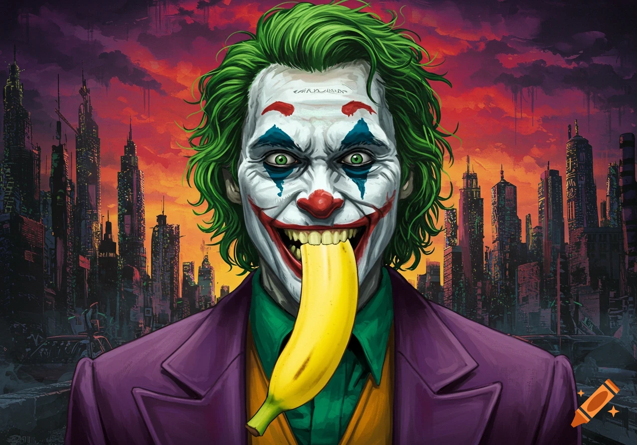 An illustration of the Joker character with a banana replacing his smile, standing before a stylized cityscape at sunset.