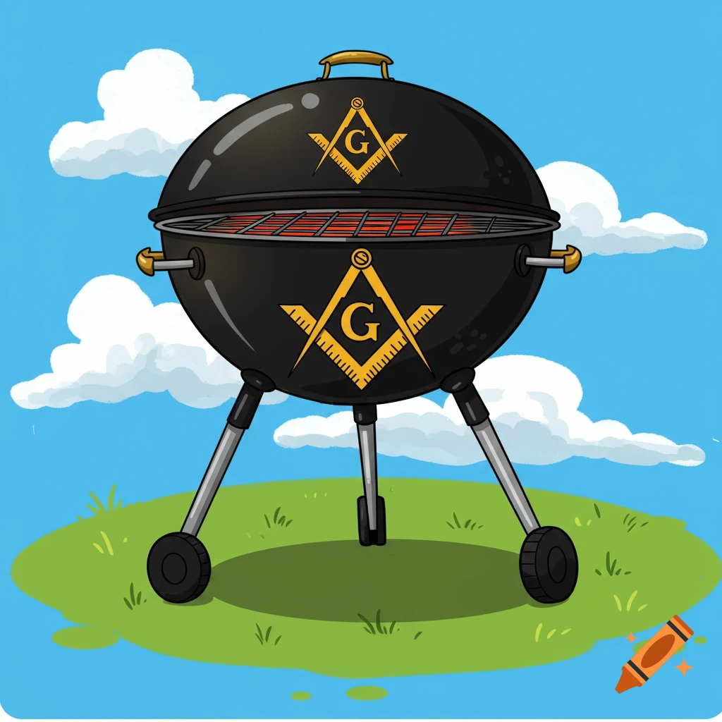 A cartoon BBQ grill with the Freemason symbol on it, standing in a grassy field under a blue sky.